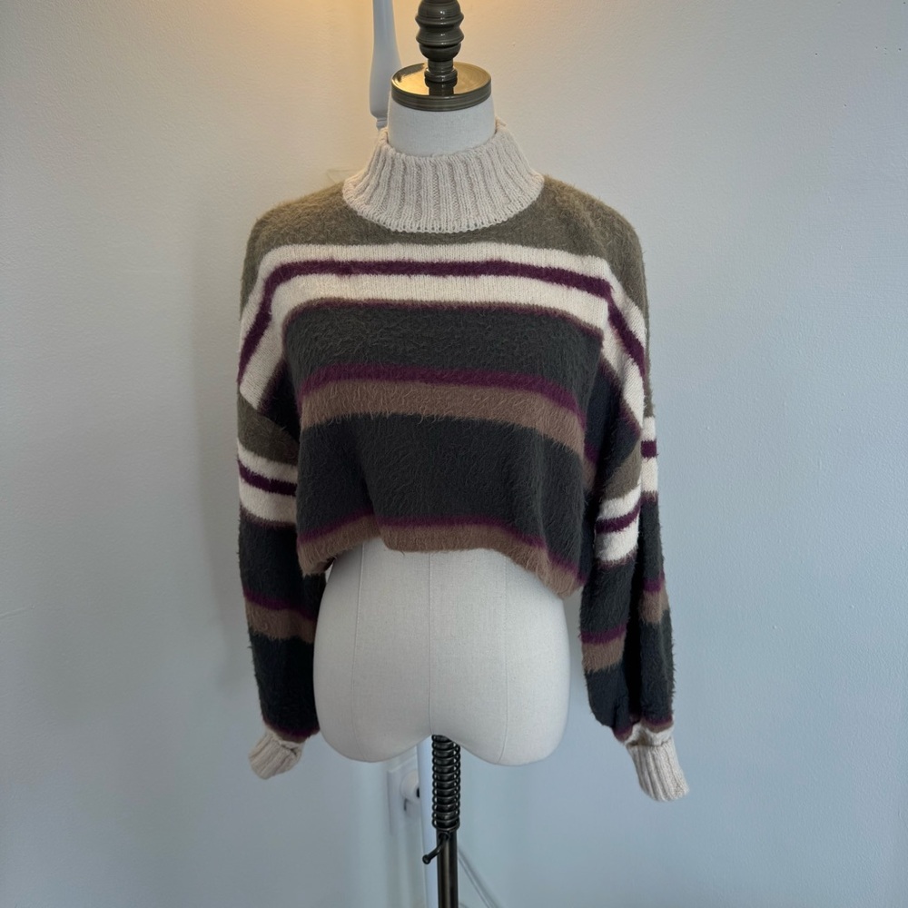 Free People Women’s Small Sofie SOFT Cropped Pullover Striped Green Sweater Top